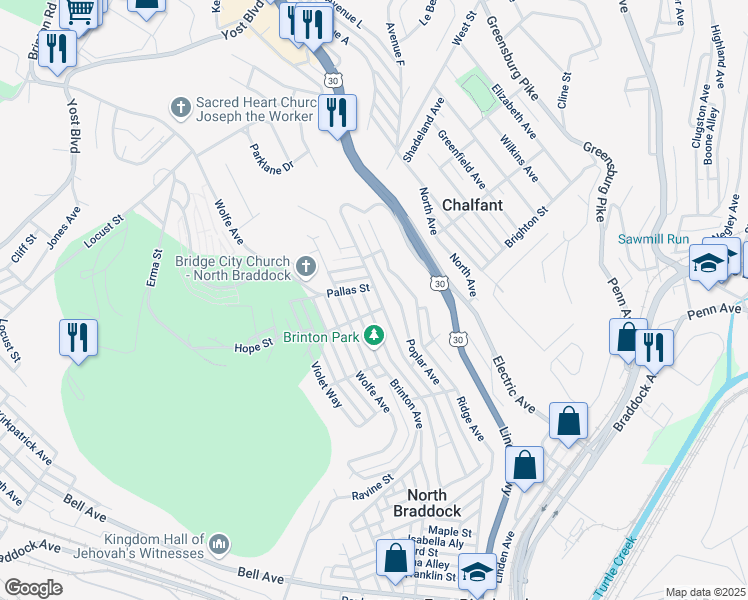 map of restaurants, bars, coffee shops, grocery stores, and more near 1310 Grandview Avenue in Braddock