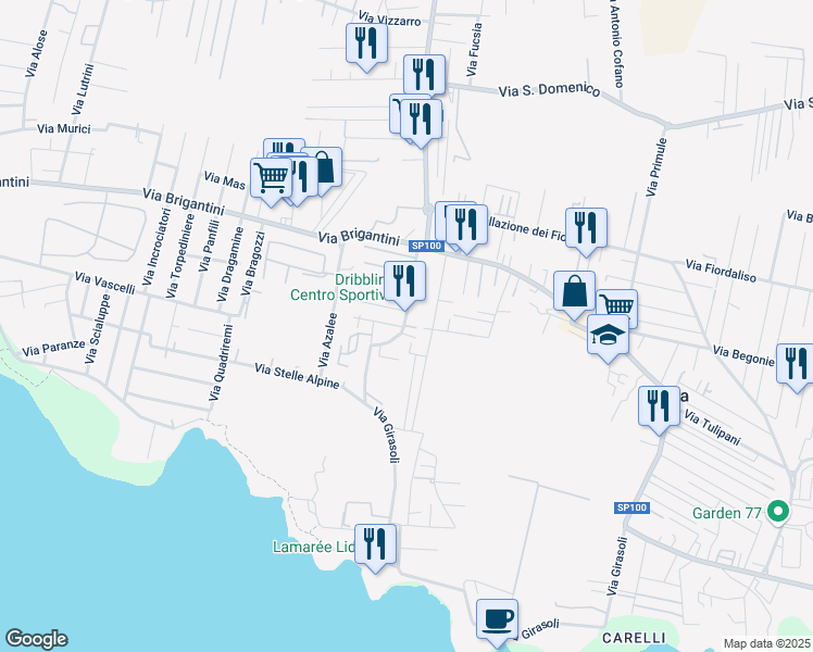 map of restaurants, bars, coffee shops, grocery stores, and more near 22 Via Orchidee in Taranto