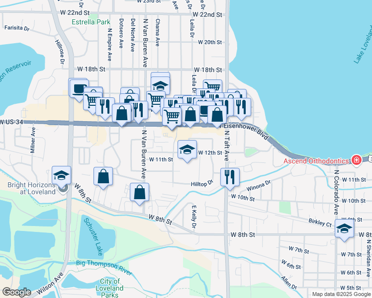 map of restaurants, bars, coffee shops, grocery stores, and more near 1611 West 12th Street in Loveland