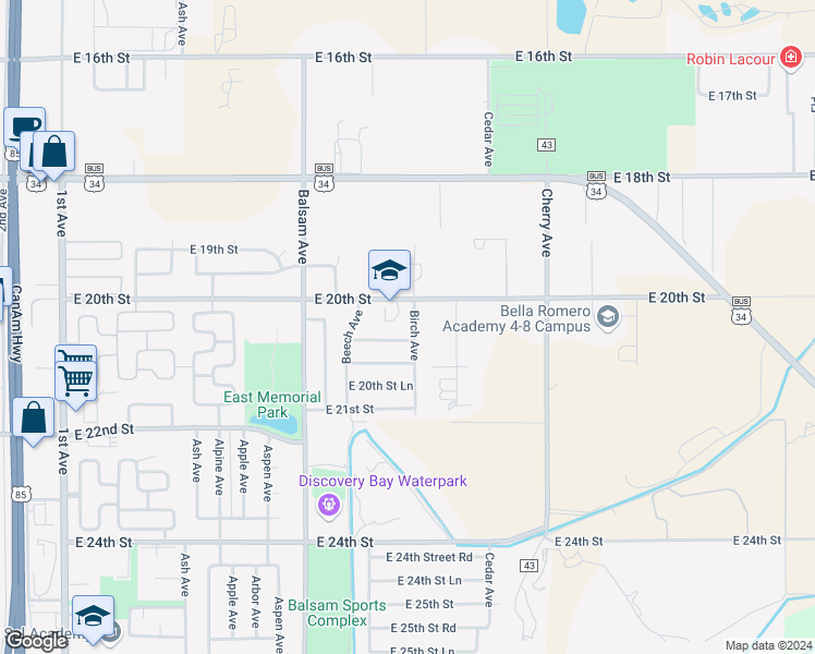 map of restaurants, bars, coffee shops, grocery stores, and more near 2027 Birch Avenue in Greeley
