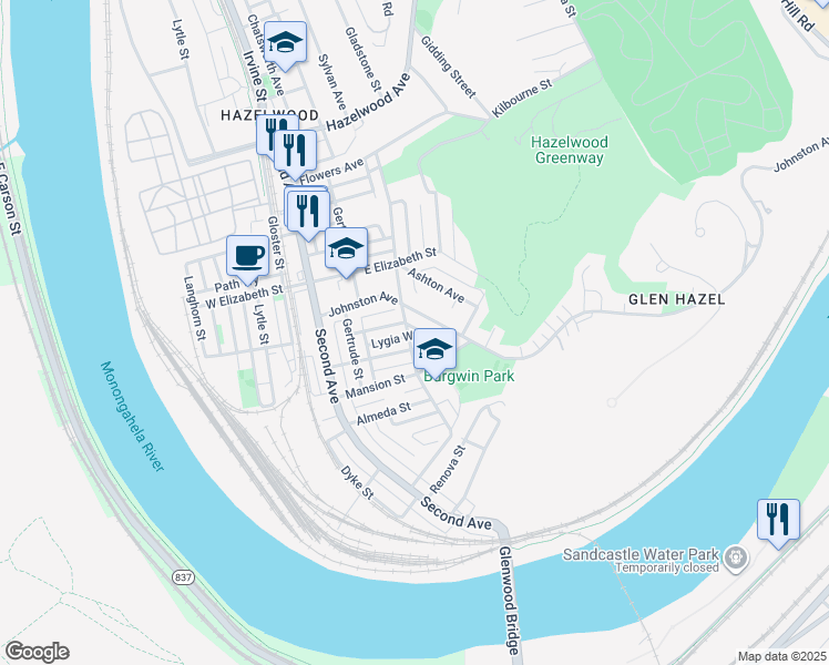 map of restaurants, bars, coffee shops, grocery stores, and more near 5217 Glenwood Avenue in Pittsburgh
