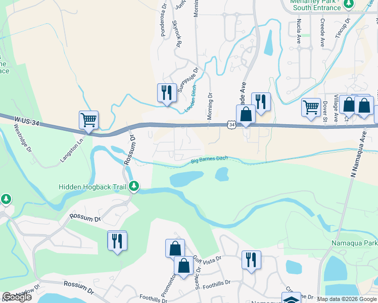 map of restaurants, bars, coffee shops, grocery stores, and more near 1212 Butte Road in Loveland