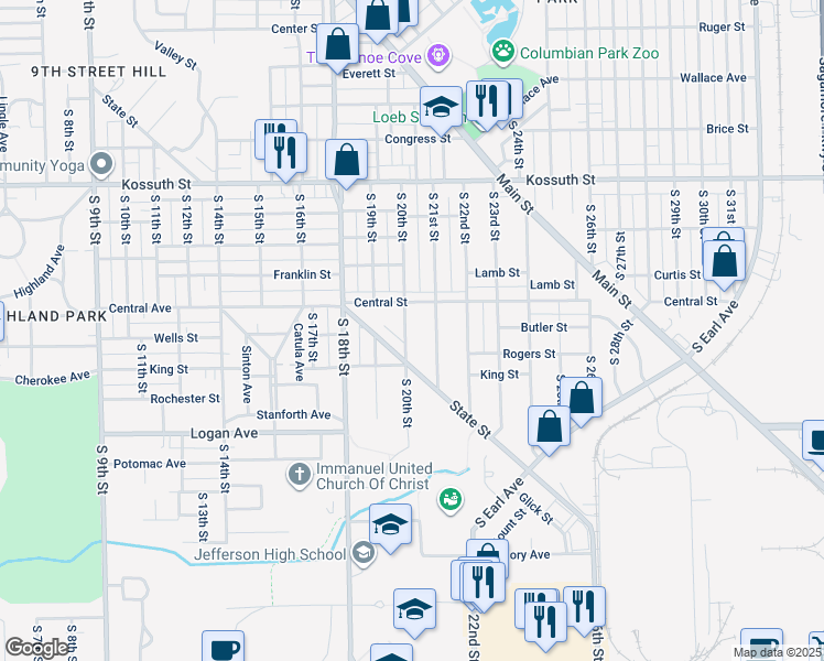 map of restaurants, bars, coffee shops, grocery stores, and more near 1123 South 20th Street in Lafayette