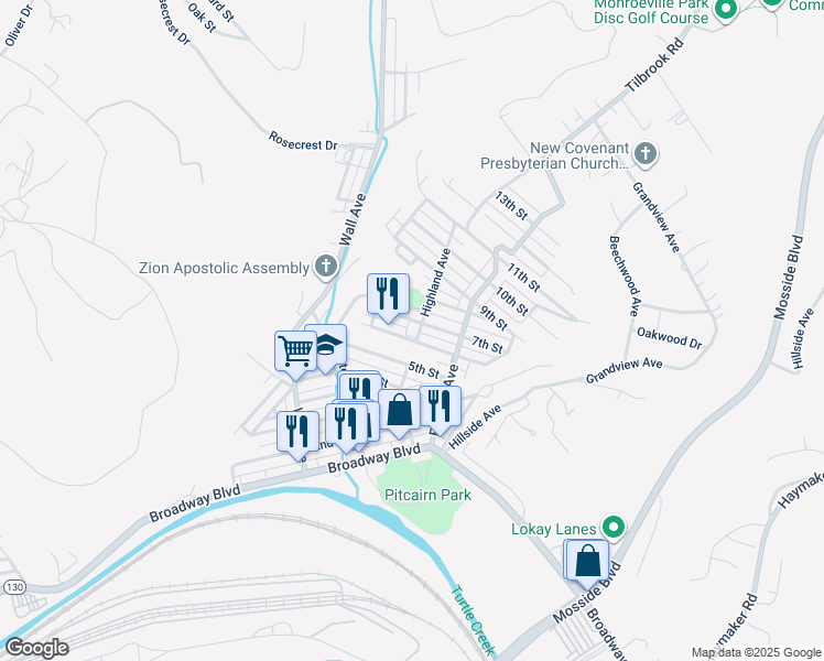map of restaurants, bars, coffee shops, grocery stores, and more near 582 Sixth Street in Pitcairn