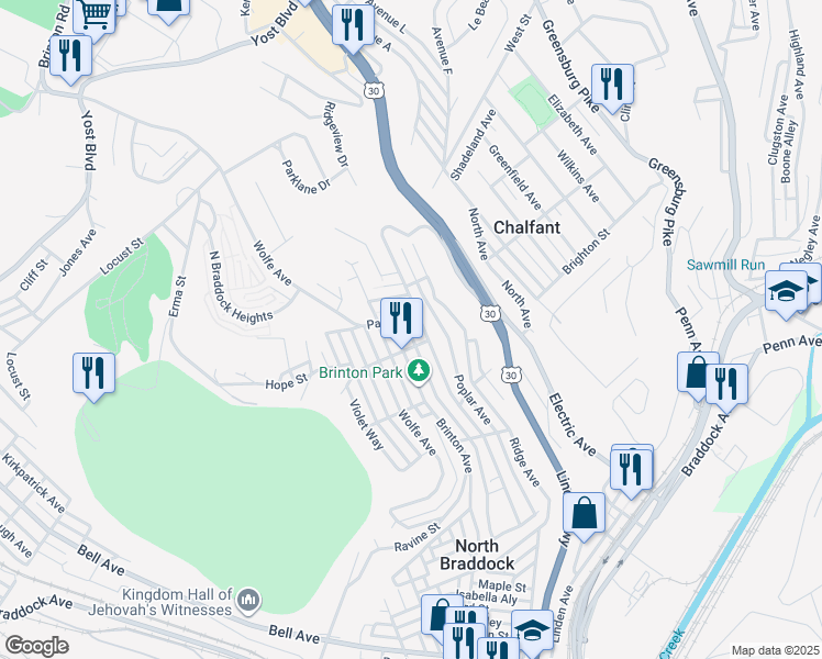 map of restaurants, bars, coffee shops, grocery stores, and more near 1306 Shaver Way in Braddock