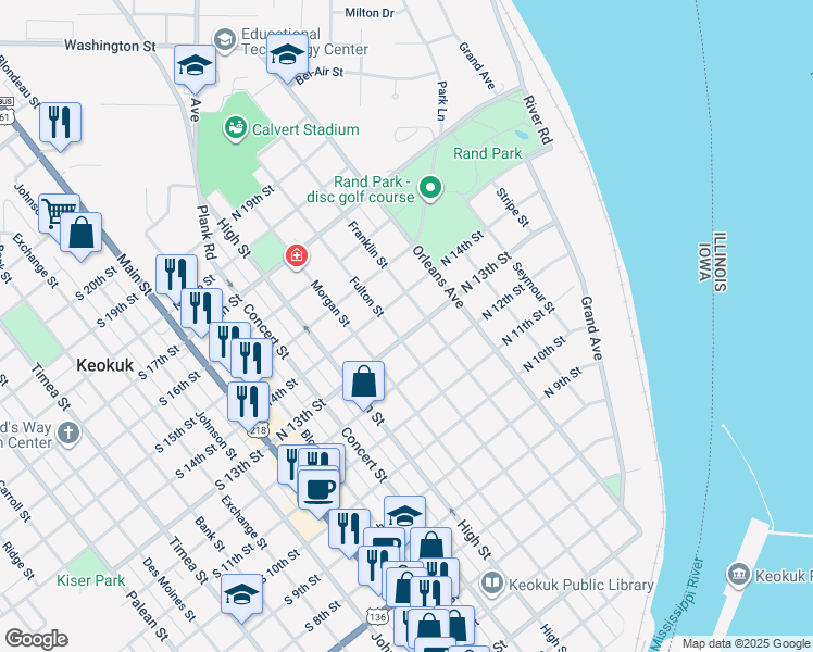 map of restaurants, bars, coffee shops, grocery stores, and more near 504 North 13th Street in Keokuk