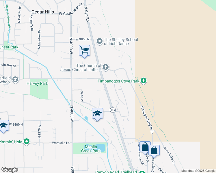 map of restaurants, bars, coffee shops, grocery stores, and more near 9580 North Canyon Road in Cedar Hills