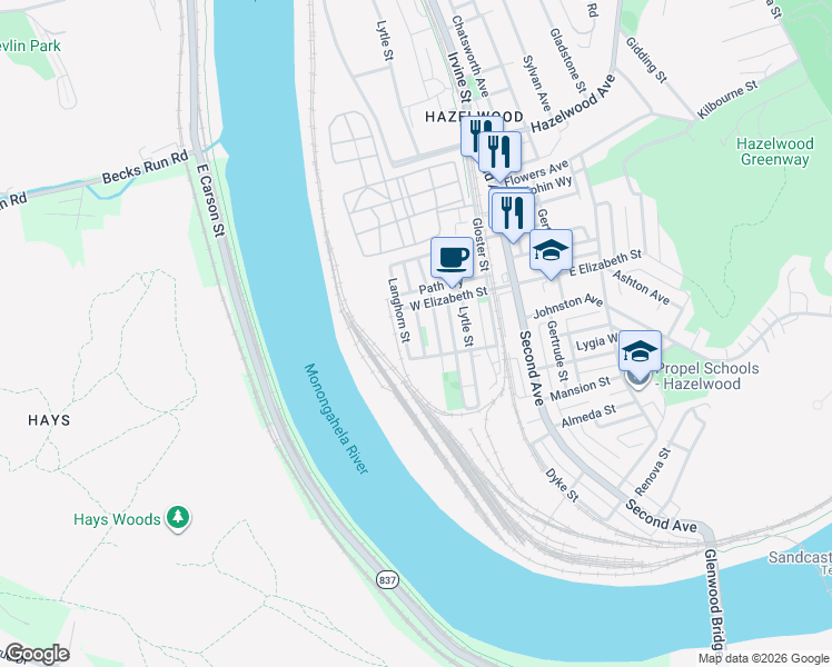 map of restaurants, bars, coffee shops, grocery stores, and more near 5134 Ladora Way in Pittsburgh