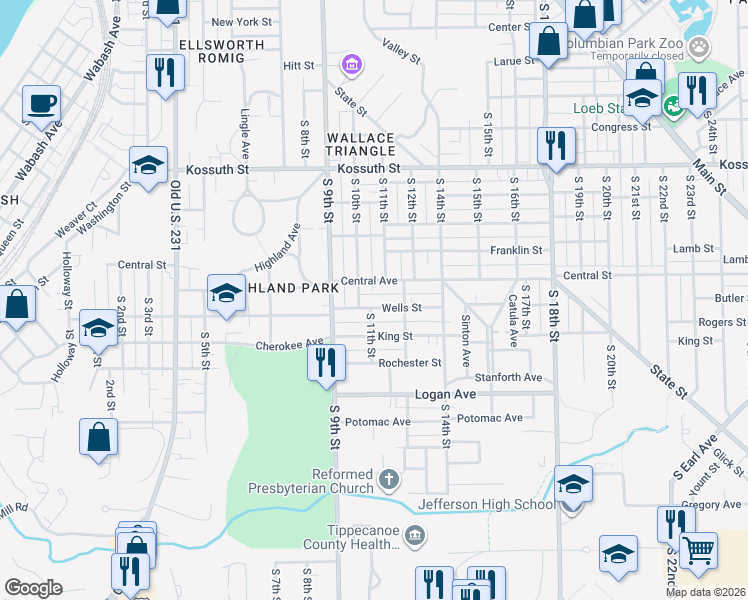map of restaurants, bars, coffee shops, grocery stores, and more near 1010 Wells St in Lafayette