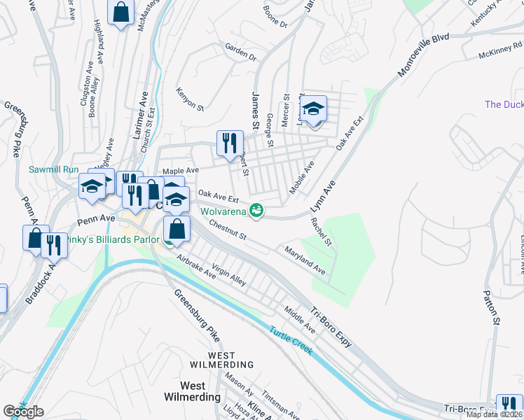 map of restaurants, bars, coffee shops, grocery stores, and more near 1218 Oak Avenue Extension in Turtle Creek
