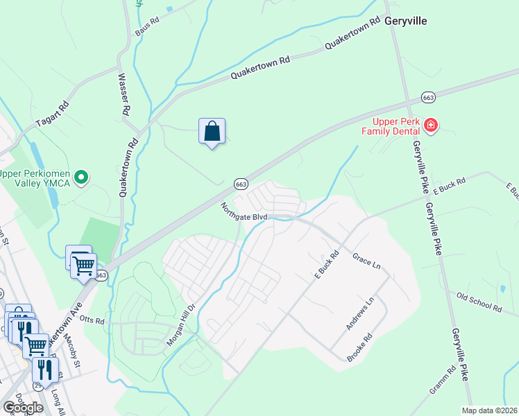 map of restaurants, bars, coffee shops, grocery stores, and more near 3059 Goshen Drive in Pennsburg
