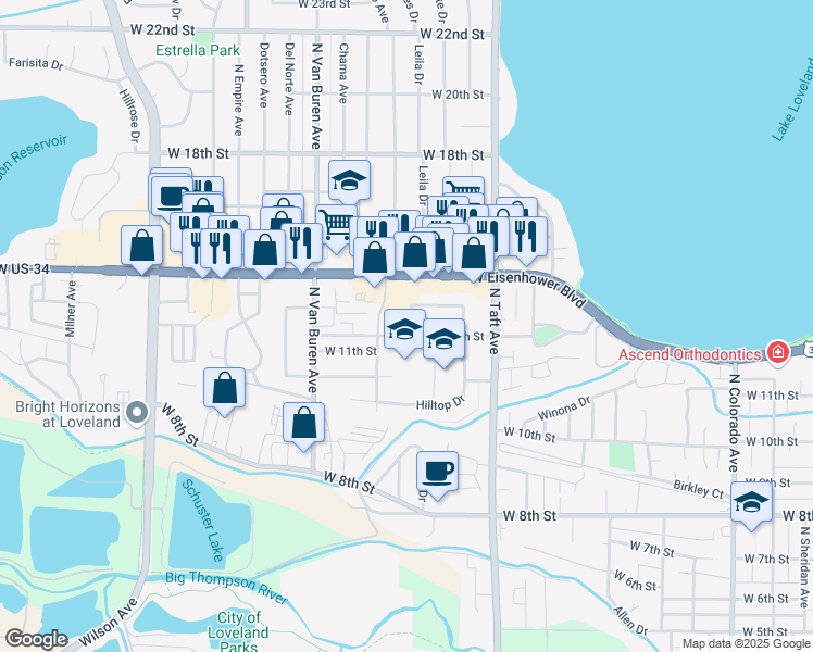 map of restaurants, bars, coffee shops, grocery stores, and more near 1611 West 12th Street in Loveland