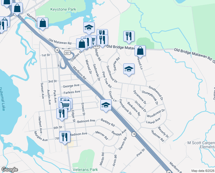 map of restaurants, bars, coffee shops, grocery stores, and more near 46 Sadowski Drive in Old Bridge