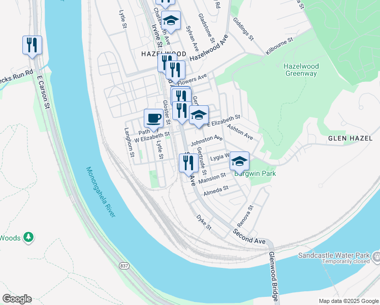 map of restaurants, bars, coffee shops, grocery stores, and more near 5219 Second Avenue in Pittsburgh