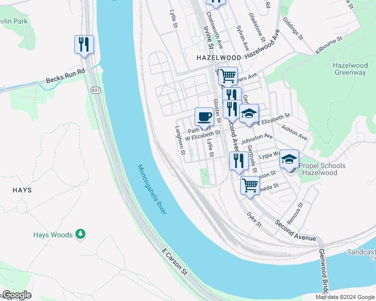 map of restaurants, bars, coffee shops, grocery stores, and more near 5134 Ladora Way in Pittsburgh