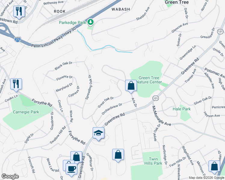 map of restaurants, bars, coffee shops, grocery stores, and more near 1330 Great Oak Drive in Pittsburgh