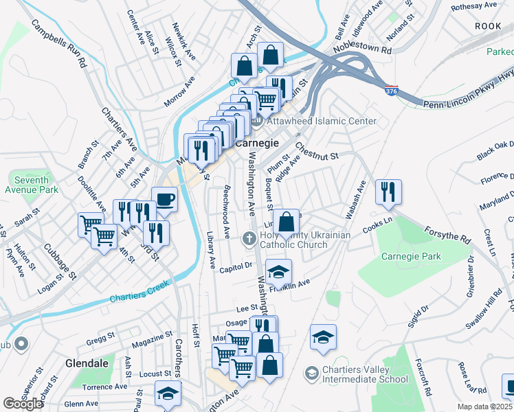 map of restaurants, bars, coffee shops, grocery stores, and more near in Carnegie