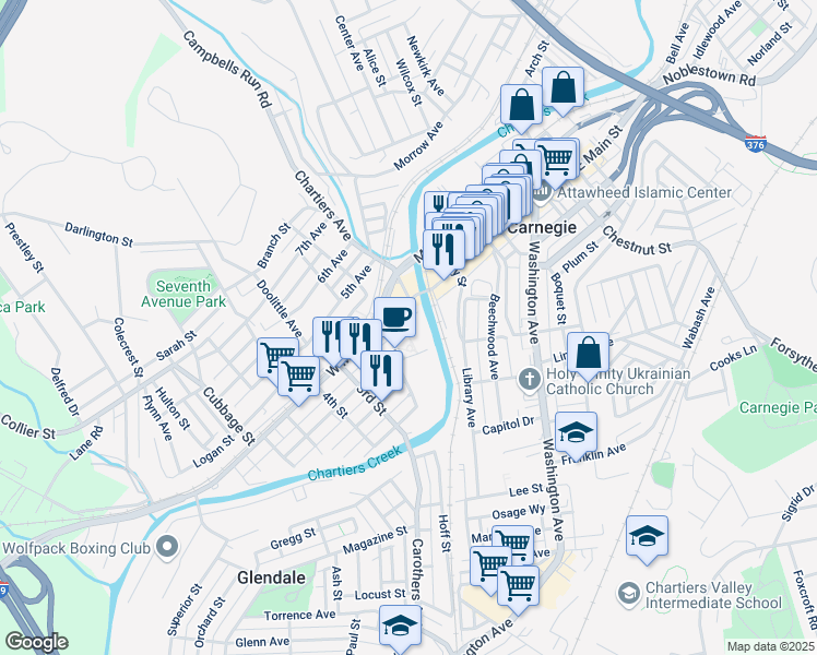 map of restaurants, bars, coffee shops, grocery stores, and more near 1 3rd Avenue in Carnegie