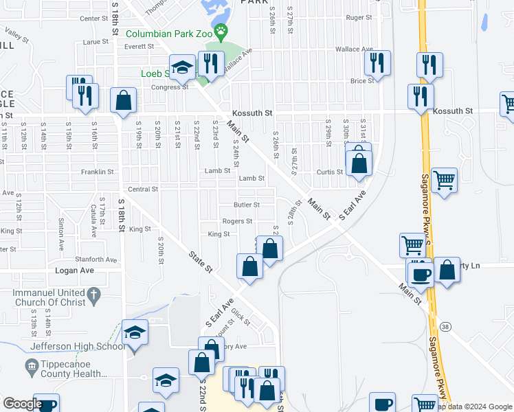map of restaurants, bars, coffee shops, grocery stores, and more near 2421 Butler St in Lafayette