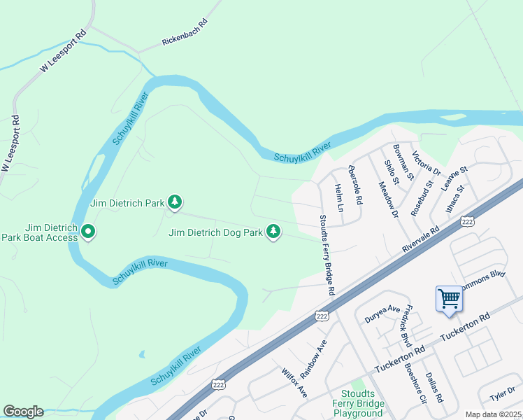 map of restaurants, bars, coffee shops, grocery stores, and more near 1025 River Crest Drive in Reading