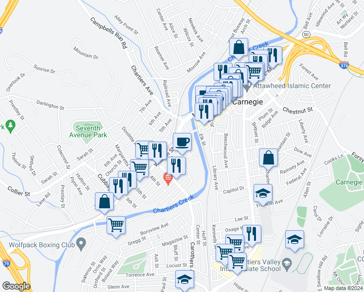 map of restaurants, bars, coffee shops, grocery stores, and more near 101 West Main Street in Carnegie