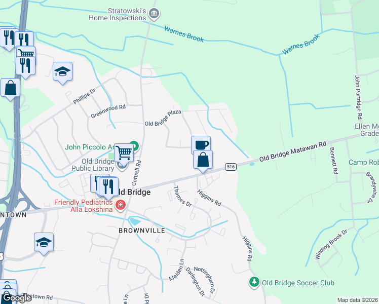 map of restaurants, bars, coffee shops, grocery stores, and more near 28 Portsmouth Drive in Old Bridge