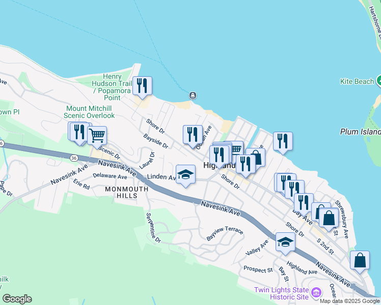 map of restaurants, bars, coffee shops, grocery stores, and more near 328 Shore Drive in Highlands