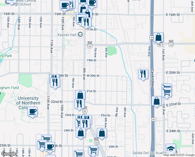 map of restaurants, bars, coffee shops, grocery stores, and more near 2015 7th Avenue in Greeley