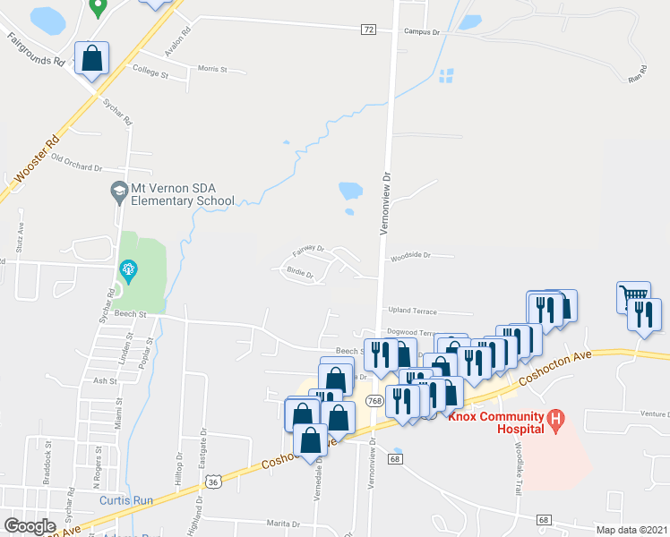map of restaurants, bars, coffee shops, grocery stores, and more near 91 Fairway Drive in Mount Vernon