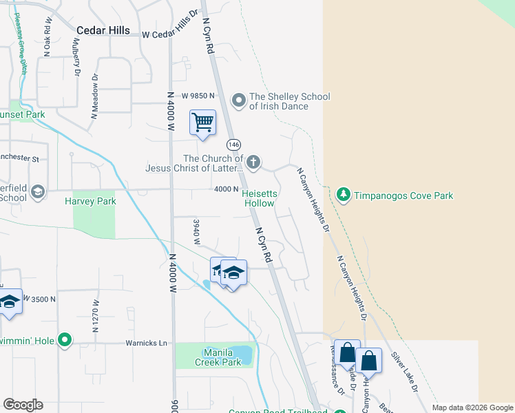 map of restaurants, bars, coffee shops, grocery stores, and more near 3862 Canyon Road in Pleasant Grove