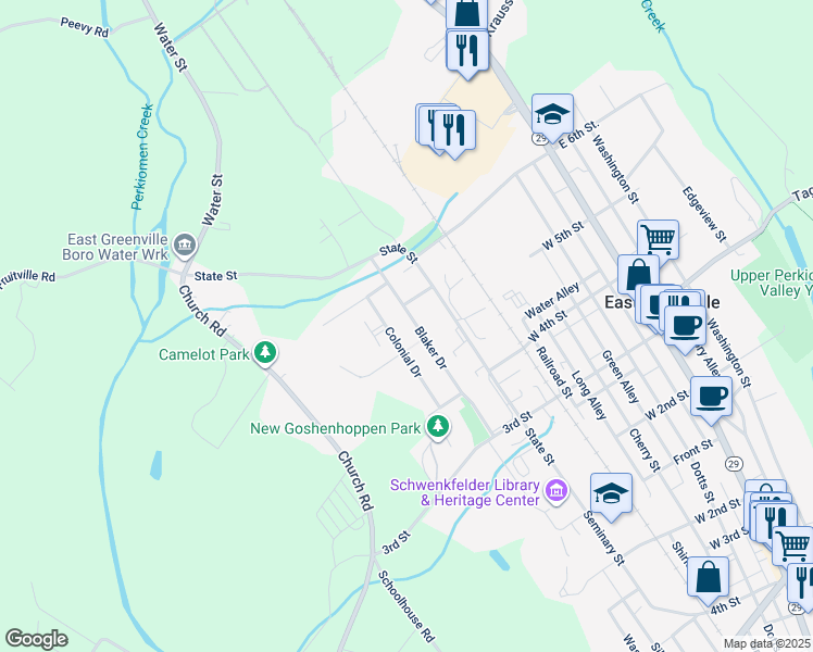 map of restaurants, bars, coffee shops, grocery stores, and more near 518 Blaker Drive in East Greenville