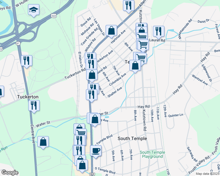 map of restaurants, bars, coffee shops, grocery stores, and more near 528 Columbia Avenue in Temple