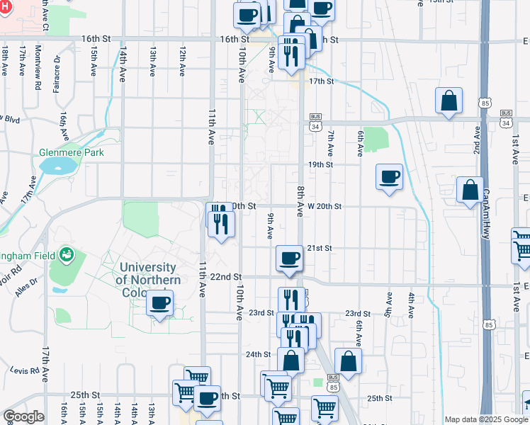 map of restaurants, bars, coffee shops, grocery stores, and more near in Greeley