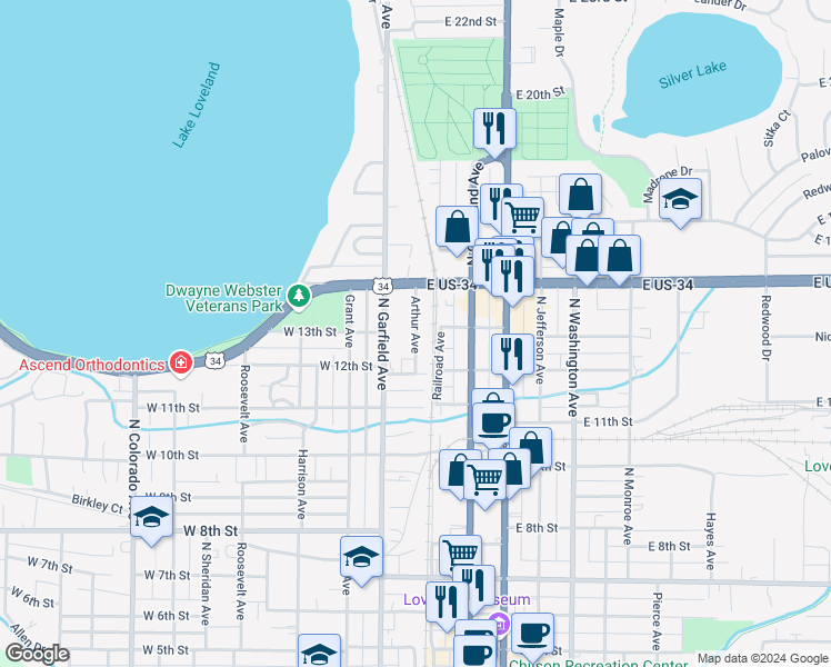 map of restaurants, bars, coffee shops, grocery stores, and more near 1246 Arthur Avenue in Loveland