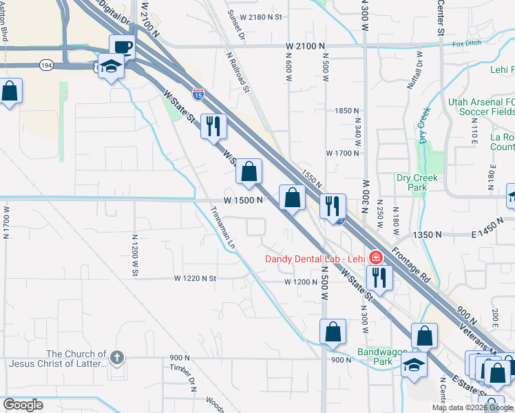 map of restaurants, bars, coffee shops, grocery stores, and more near 720 West 1425 North in Lehi