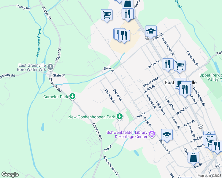 map of restaurants, bars, coffee shops, grocery stores, and more near 518 Blaker Drive in East Greenville