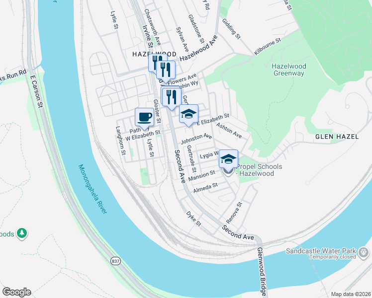 map of restaurants, bars, coffee shops, grocery stores, and more near 5219 Second Avenue in Pittsburgh