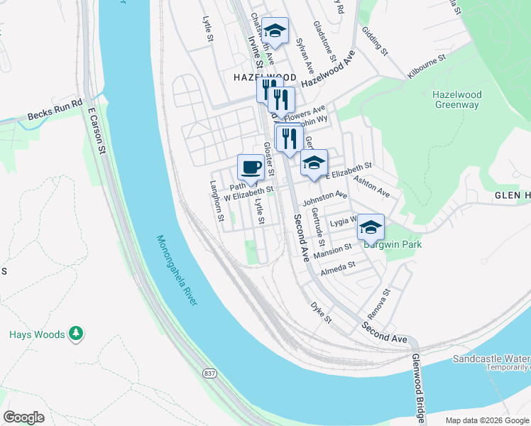map of restaurants, bars, coffee shops, grocery stores, and more near 5157 Chaplain Way in Pittsburgh
