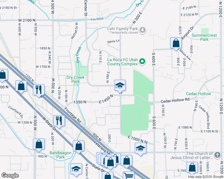 map of restaurants, bars, coffee shops, grocery stores, and more near 1488 North 220 East in Lehi