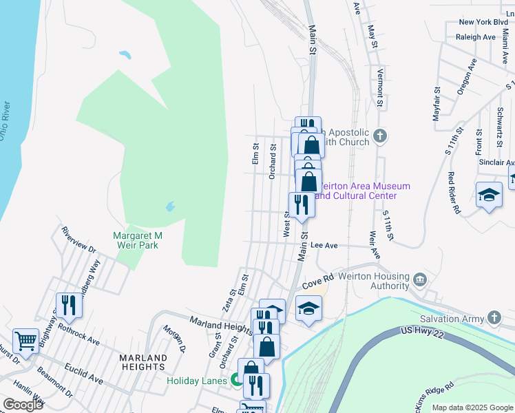 map of restaurants, bars, coffee shops, grocery stores, and more near 3201 Elm Street in Weirton