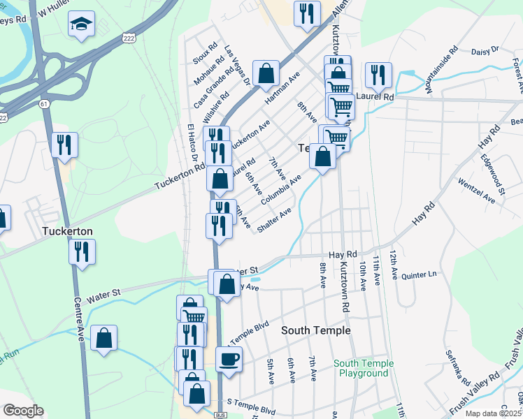 map of restaurants, bars, coffee shops, grocery stores, and more near 528 Columbia Avenue in Temple