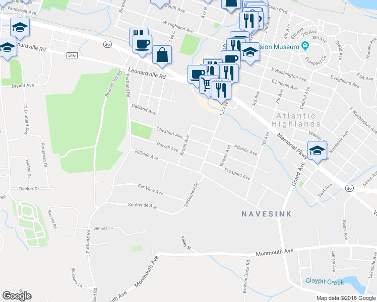 map of restaurants, bars, coffee shops, grocery stores, and more near 17 Powell Avenue in Atlantic Highlands