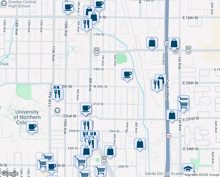 map of restaurants, bars, coffee shops, grocery stores, and more near 2015 6th Avenue in Greeley