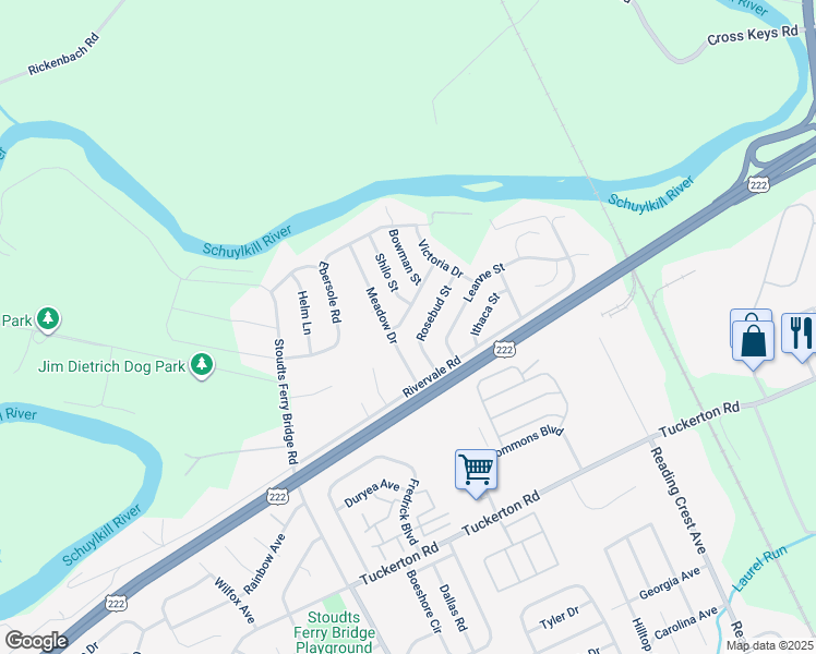 map of restaurants, bars, coffee shops, grocery stores, and more near 1003 Sunny Ridge Road in Reading