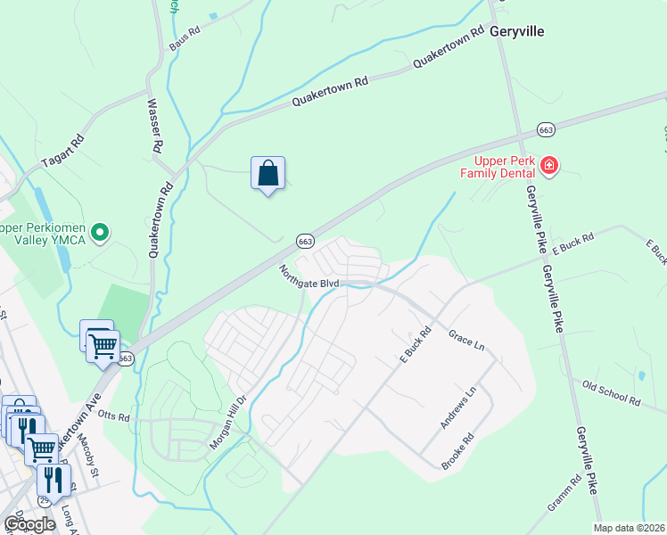 map of restaurants, bars, coffee shops, grocery stores, and more near 3059 Goshen Drive in Pennsburg