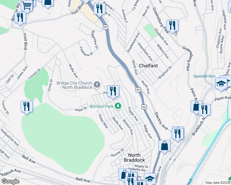 map of restaurants, bars, coffee shops, grocery stores, and more near 1306 Shaver Way in Braddock