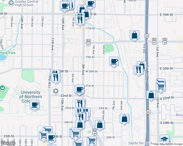 map of restaurants, bars, coffee shops, grocery stores, and more near 2015 7th Avenue in Greeley