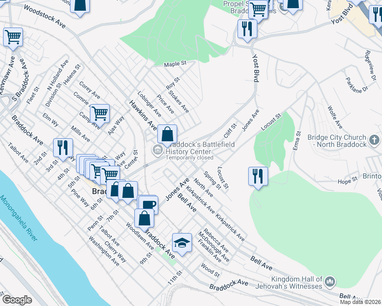 map of restaurants, bars, coffee shops, grocery stores, and more near 703 Hawkins Avenue in Braddock
