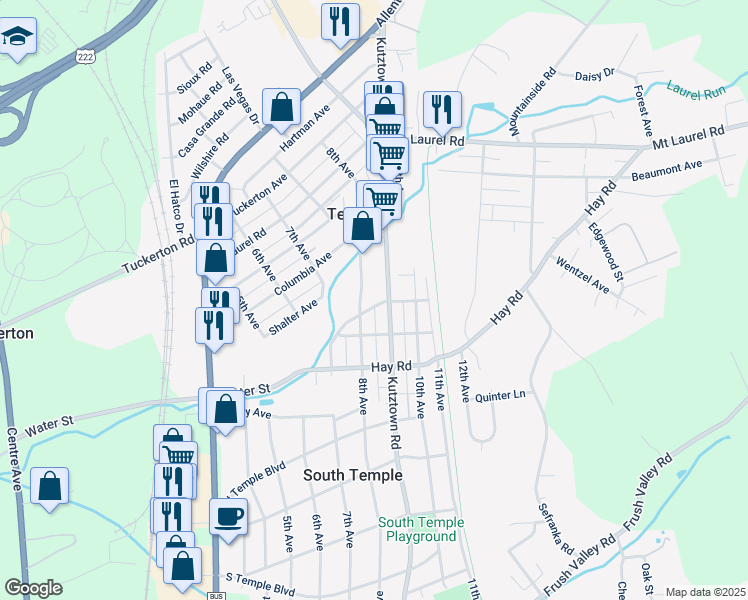 map of restaurants, bars, coffee shops, grocery stores, and more near 812 Water Street in Temple
