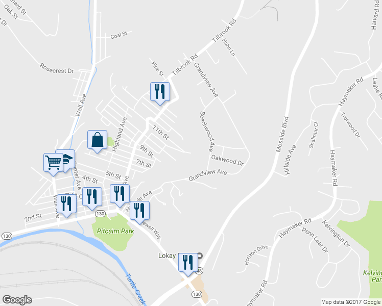 map of restaurants, bars, coffee shops, grocery stores, and more near 1153 Pitcairn Ave in Pitcairn